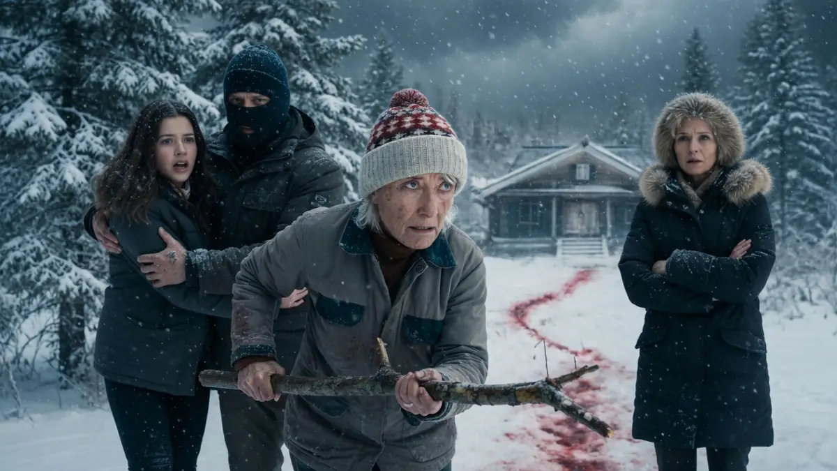 Des personnages inquiets observent une trace de sang dans la neige lors du Dead of Winter