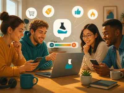 Quatre jeunes adultes utilisent leurs appareils pour partager des bons plans sur le site communautaire Dealabs
