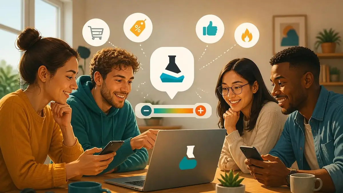 Quatre jeunes adultes utilisent leurs appareils pour partager des bons plans sur le site communautaire Dealabs