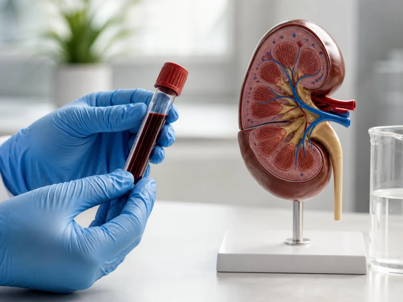 Image médicale illustrant le débit de filtration glomérulaire par une analyse sanguine et un modèle de rein.