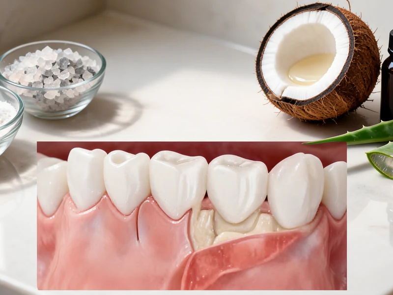Maquette dentaire montrant des gencives rétractées entourée de remèdes naturels pour déchaussement des dents remède de grand-mère