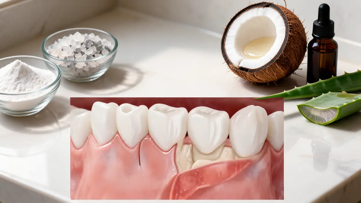 Maquette dentaire montrant des gencives rétractées entourée de remèdes naturels pour déchaussement des dents remède de grand-mère