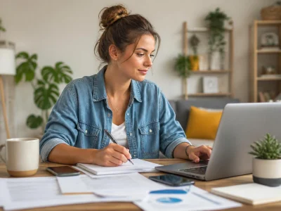 Une femme travaille sur son ordinateur pour effectuer sa Urssaf auto entrepreneur déclaration depuis son bureau