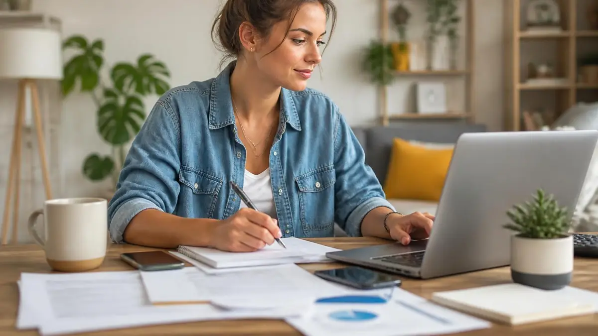 Une femme travaille sur son ordinateur pour effectuer sa Urssaf auto entrepreneur déclaration depuis son bureau