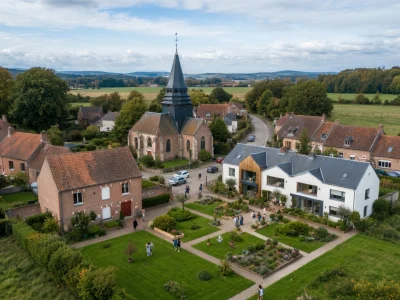 Vue aérienne de houpline Ancoisne avec son église et ses jardins verdoyants