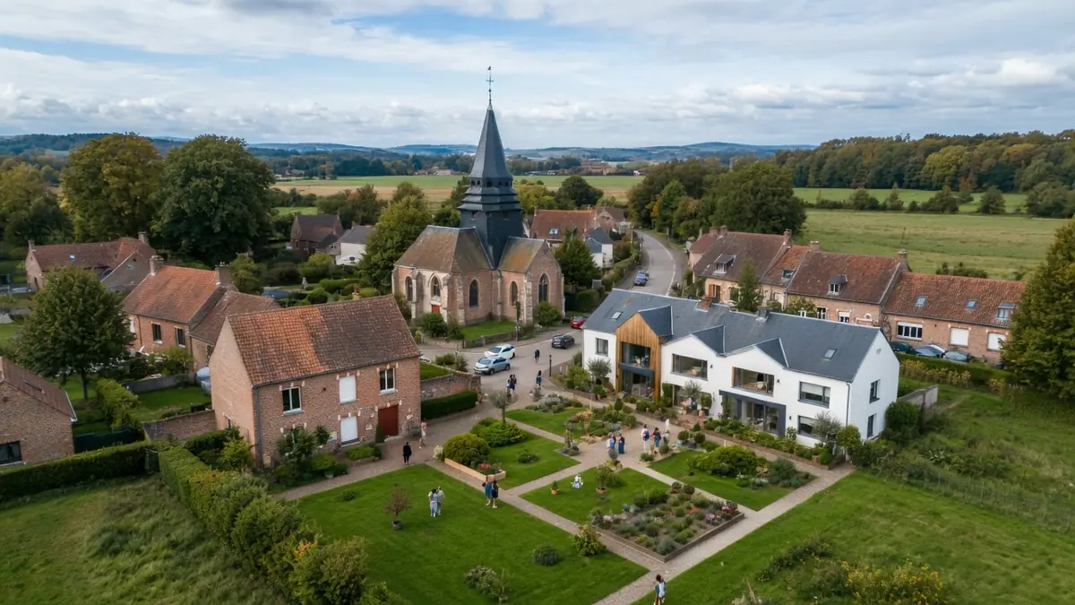 Vue aérienne de houpline Ancoisne avec son église et ses jardins verdoyants