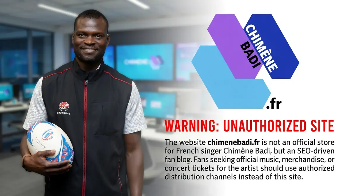 Un homme souriant en tenue sportive tient un ballon près de graphismes pour chimenebadi.fr boutique