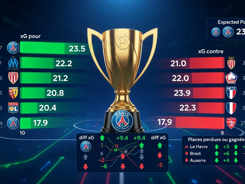 Visualisation des statistiques de Ligue 1 centrée sur un trophée avec barres d'xG pour et contre les équipes