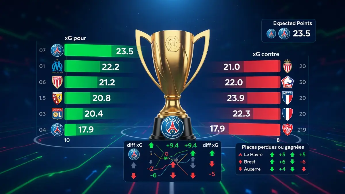 Visualisation des statistiques de Ligue 1 centrée sur un trophée avec barres d'xG pour et contre les équipes