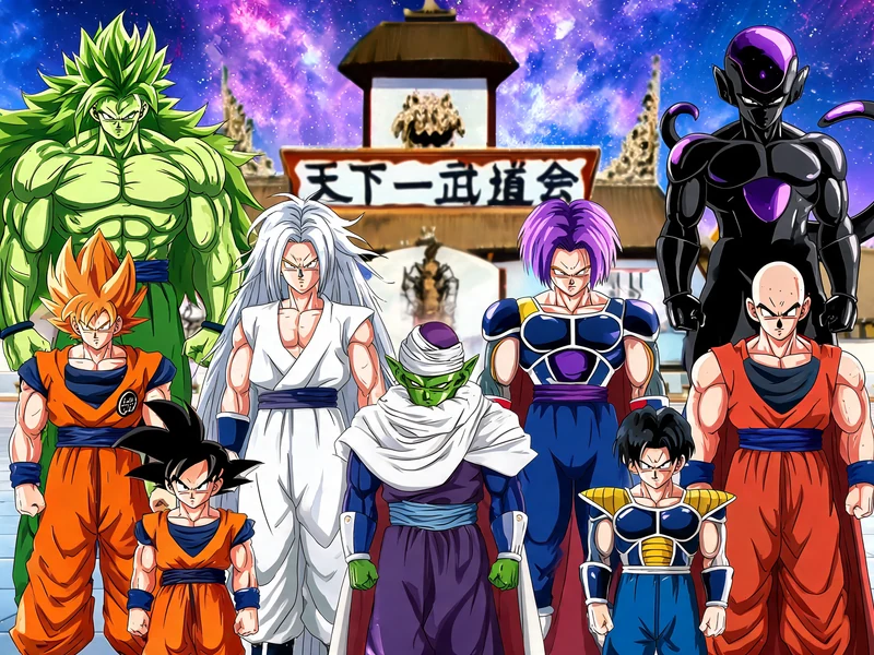 Un groupe de dragon Ball personnage se tient dans une cour pavée