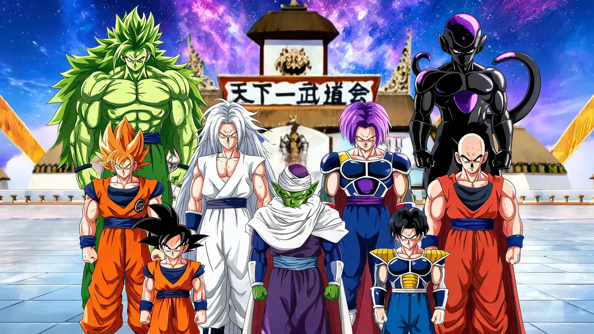Un groupe de dragon Ball personnage se tient dans une cour pavée