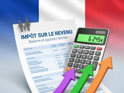 Image illustrant comment calculer les impots sur le revenus à l'aide d'une calculatrice et de flèches colorées