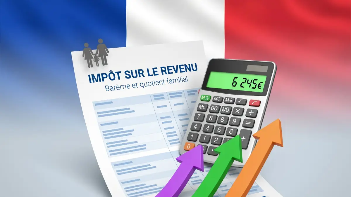 Image illustrant comment calculer les impots sur le revenus à l'aide d'une calculatrice et de flèches colorées