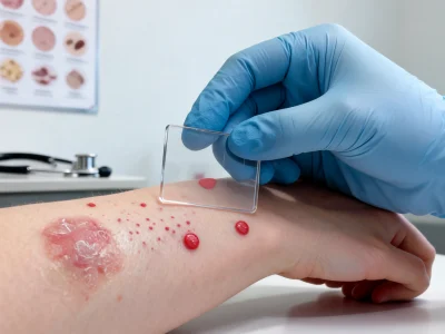 Une main gantée applique une lame de verre sur les tâches rouges sur la peau d'un bras
