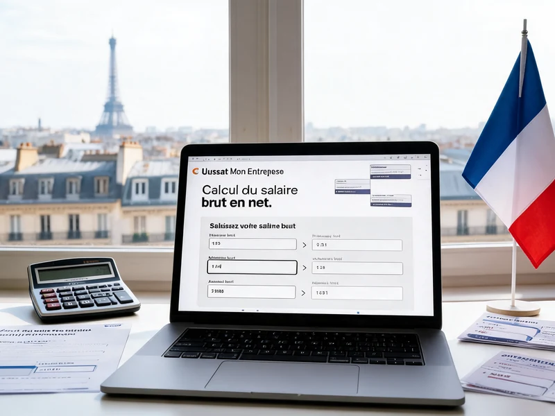 Un ordinateur portable et une calculatrice sur un bureau pour calculer le salaire net avec vue sur la tour Eiffel