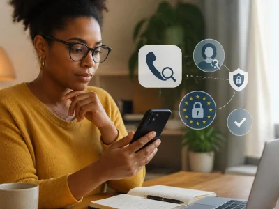 Une femme utilise son smartphone pour identifier un appelant via l'annuaire inversé Les Pages Jaunes