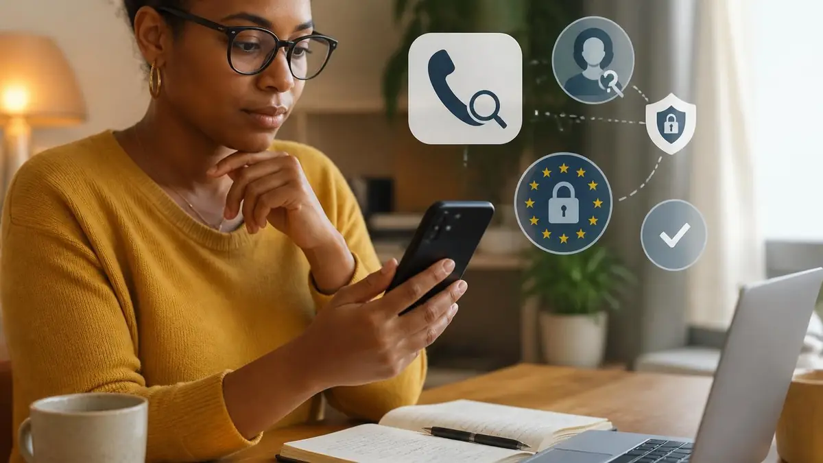 Une femme utilise son smartphone pour identifier un appelant via l'annuaire inversé Les Pages Jaunes