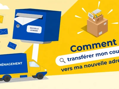 Un camion de déménagement et une boîte aux lettres avec enveloppes illustrent le changement adresse La Poste