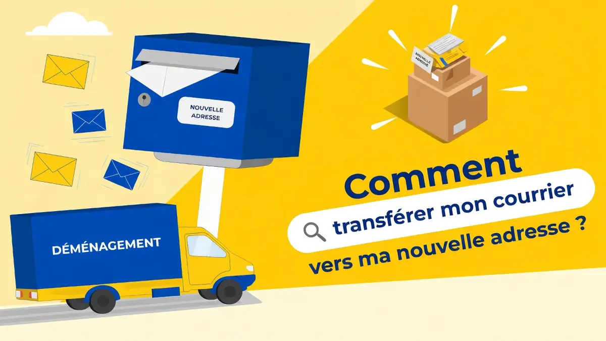 Un camion de déménagement et une boîte aux lettres avec enveloppes illustrent le changement adresse La Poste
