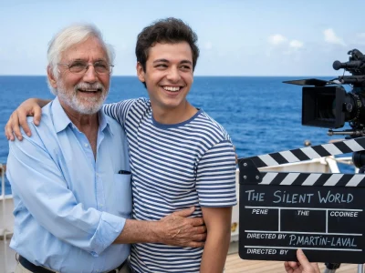 Denis Martin-Laval pose souriant avec un homme âgé sur le pont d'un bateau en mer