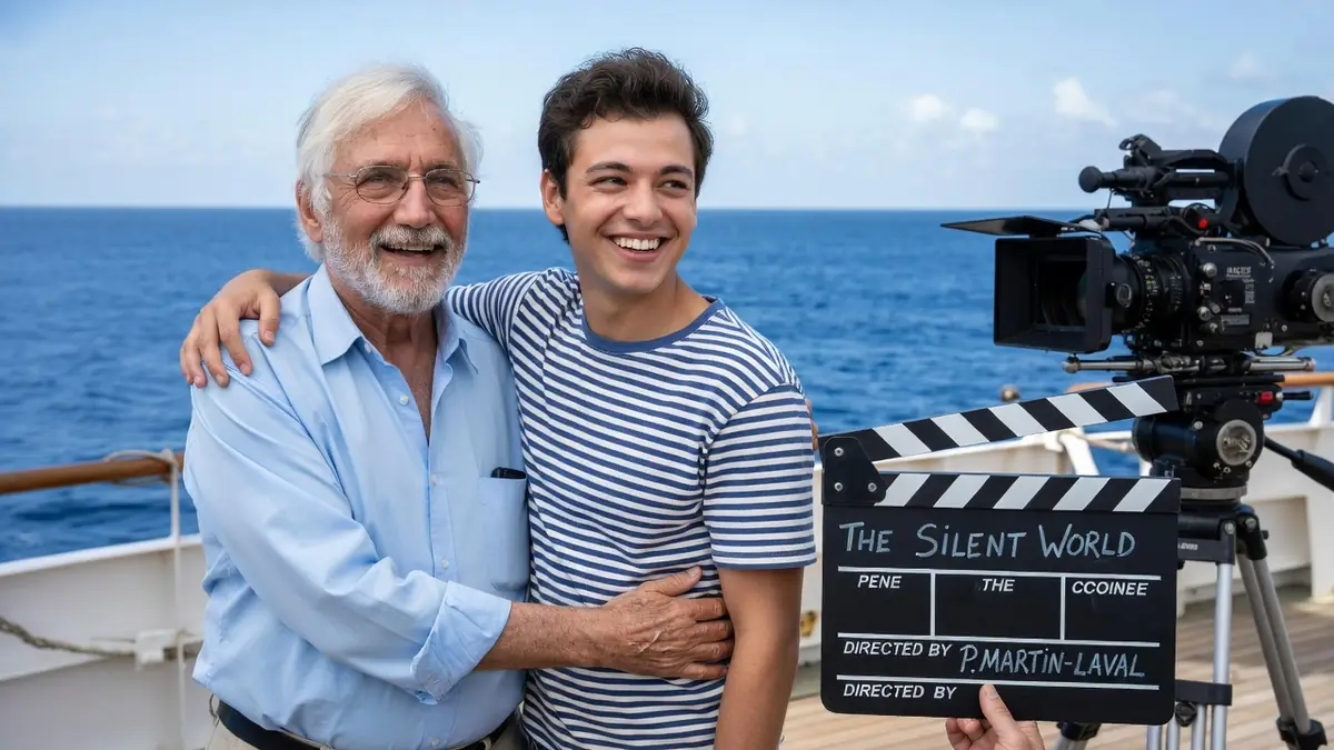 Denis Martin-Laval pose souriant avec un homme âgé sur le pont d'un bateau en mer