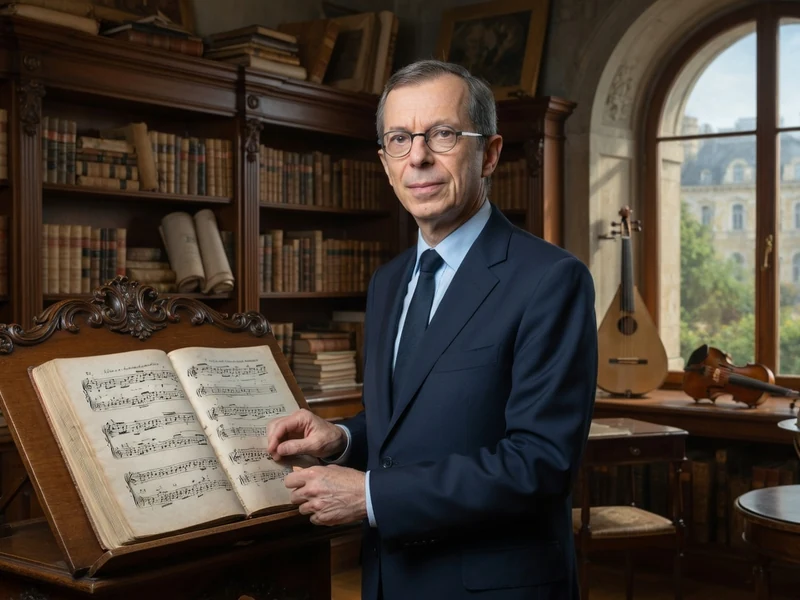 Denis Raisin Dadre examine une partition ancienne dans une bibliothèque remplie de livres et d'instruments de musique