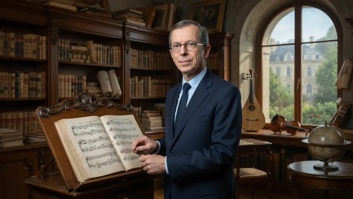 Denis Raisin Dadre examine une partition ancienne dans une bibliothèque remplie de livres et d'instruments de musique
