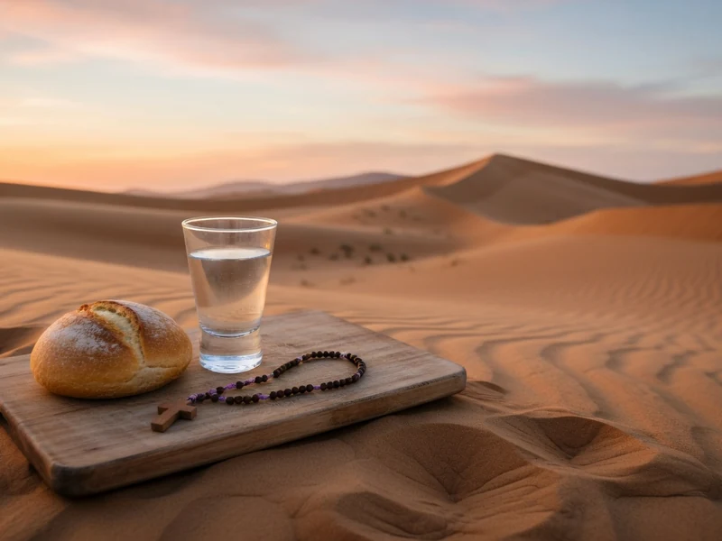 Une miche de pain accompagnée d'un verre d'eau et d'un rosaire sur une planche au cœur du désert évoque le carême 2026