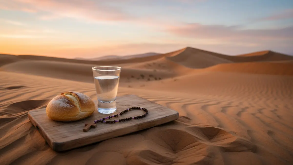 Une miche de pain accompagnée d'un verre d'eau et d'un rosaire sur une planche au cœur du désert évoque le carême 2026