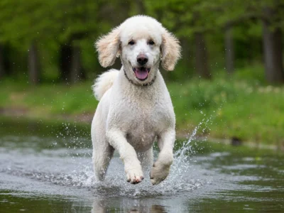 Un caniche blanc court dans l'eau comme les caniches royal