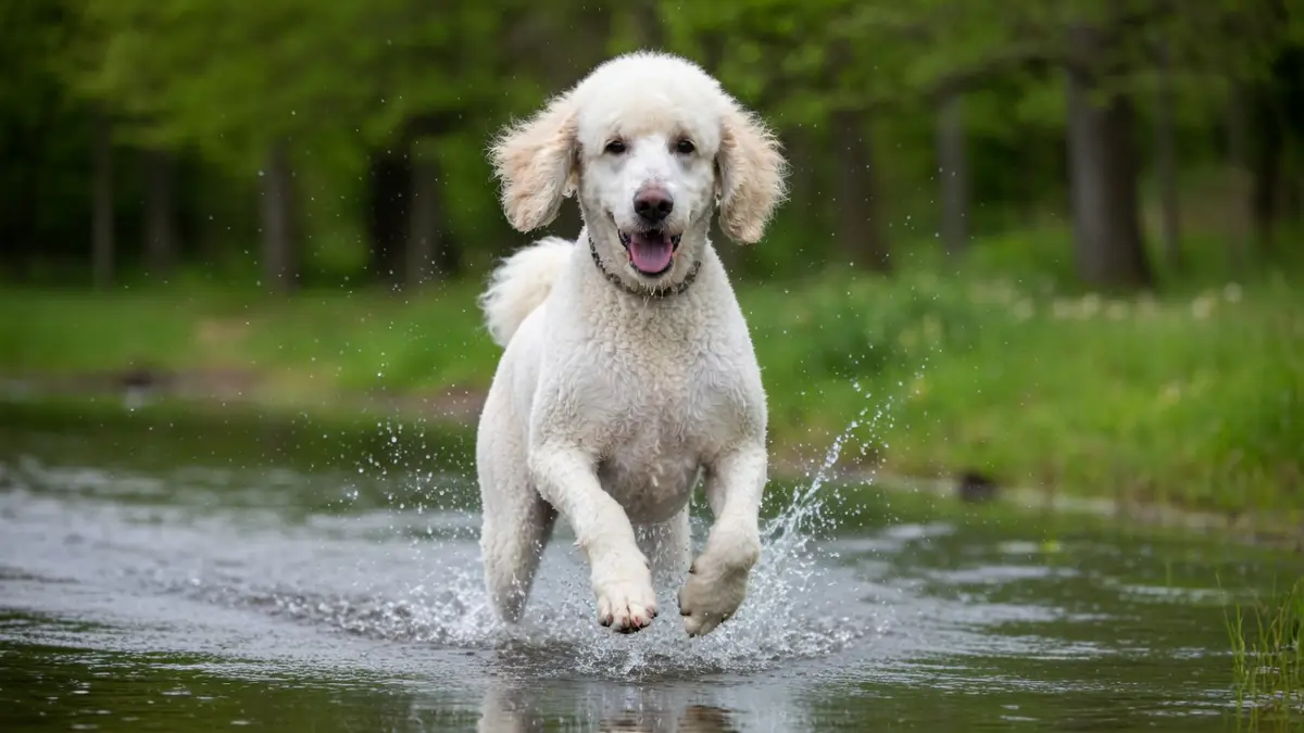 Un caniche blanc court dans l'eau comme les caniches royal