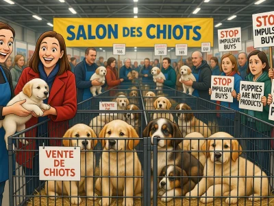 Des femmes sourient avec des chiots au salon des chiots tandis que des manifestants protestent