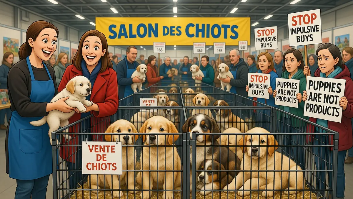 Des femmes sourient avec des chiots au salon des chiots tandis que des manifestants protestent