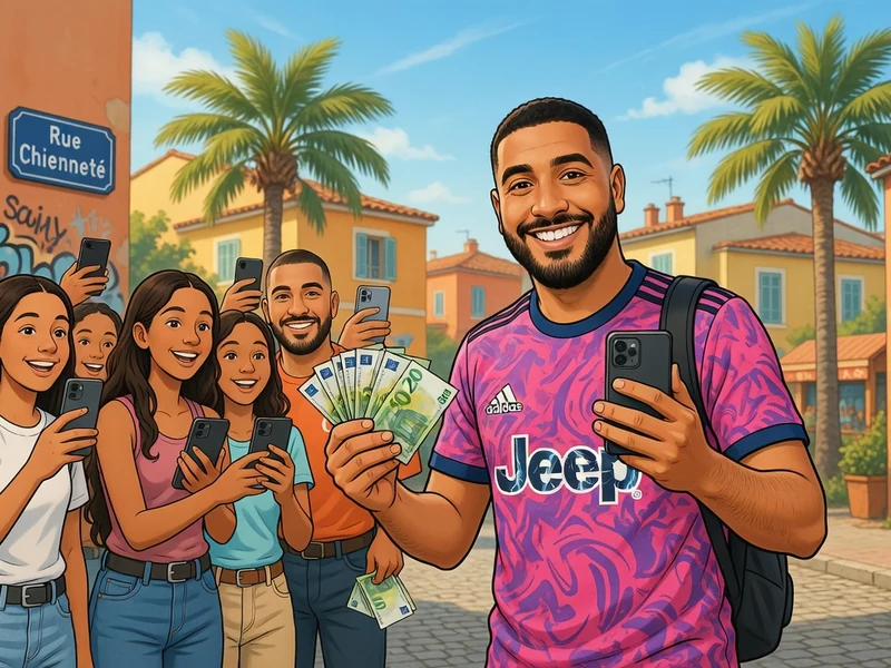 L'influenceur Nasdas sourit en tenant des billets et un téléphone entouré par une foule de fans dans une rue ensoleillée