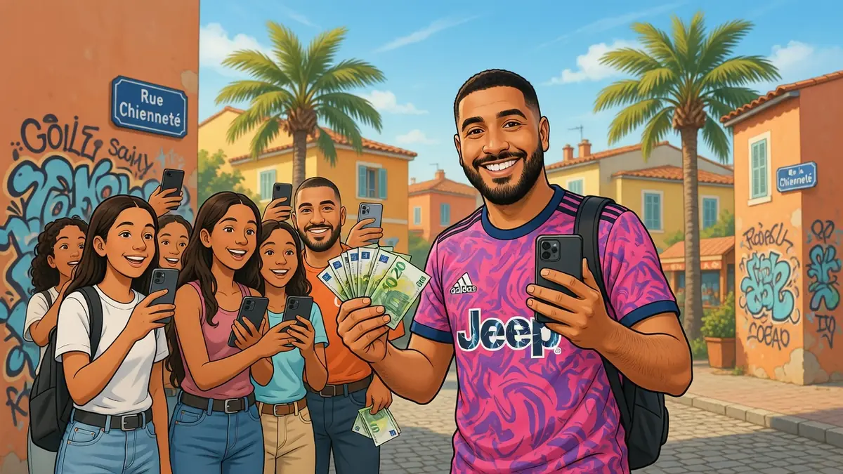 L'influenceur Nasdas sourit en tenant des billets et un téléphone entouré par une foule de fans dans une rue ensoleillée