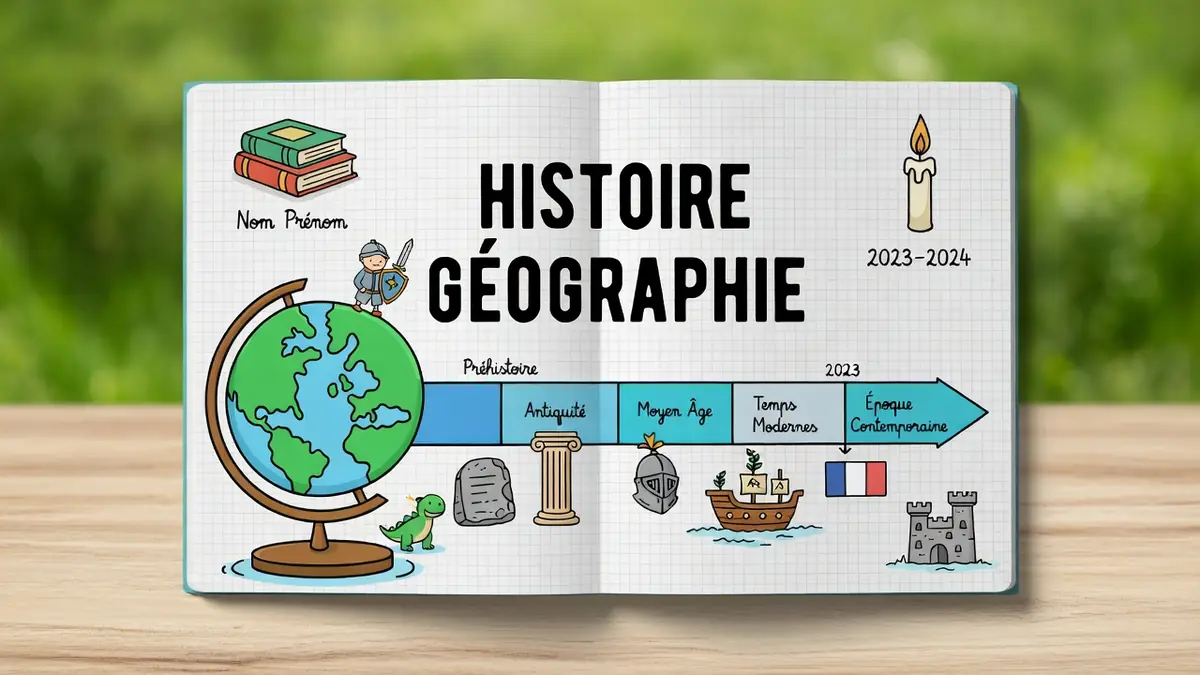 Exemple illustré de pages de garde Histoire Géo créatives et colorées sur un cahier ouvert