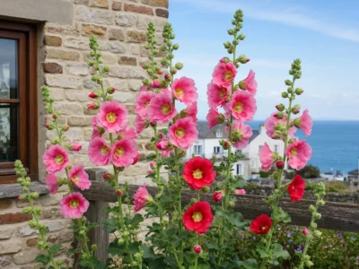 De magnifiques rose trémières poussent près d'une maison en pierre face à la mer