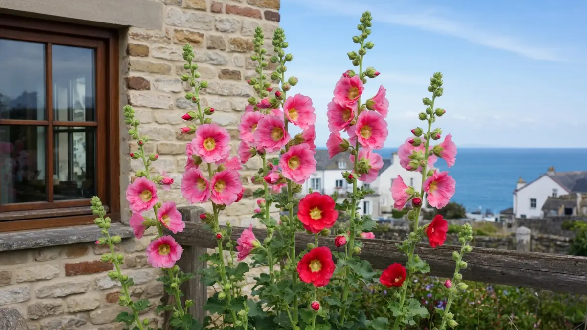 De magnifiques rose trémières poussent près d'une maison en pierre face à la mer
