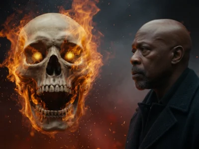 Un homme regarde un crâne humain en feu pour illustrer destination finale Bloodlines streaming vf