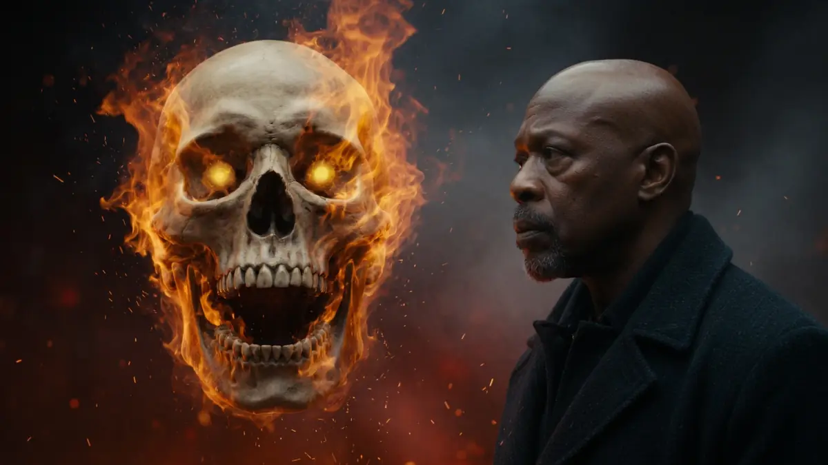 Un homme regarde un crâne humain en feu pour illustrer destination finale Bloodlines streaming vf