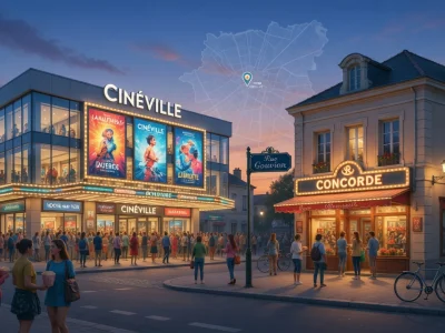 Vue extérieure du cinéma La Roche-sur-Yon montrant deux bâtiments et une foule le soir