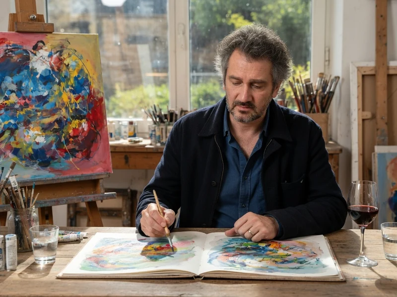 Dans son atelier Didier Cauchy peint une aquarelle colorée dans un carnet ouvert près d'une grande toile abstraite