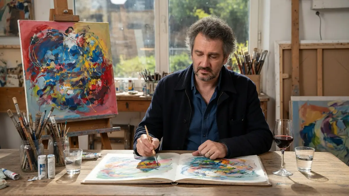 Dans son atelier Didier Cauchy peint une aquarelle colorée dans un carnet ouvert près d'une grande toile abstraite