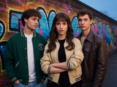 Trois jeunes adultes posent devant un mur recouvert de graffitis, dis-le-moi tout bas avant que l'histoire ne commence