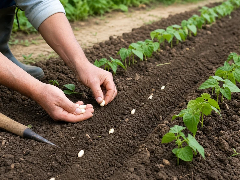 Une main respecte la distance semis haricots verts dans un potager.