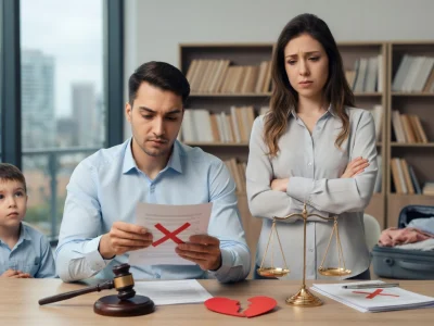 Un couple et son enfant face à des documents juridiques illustrant un divorce erreur à ne pas faire