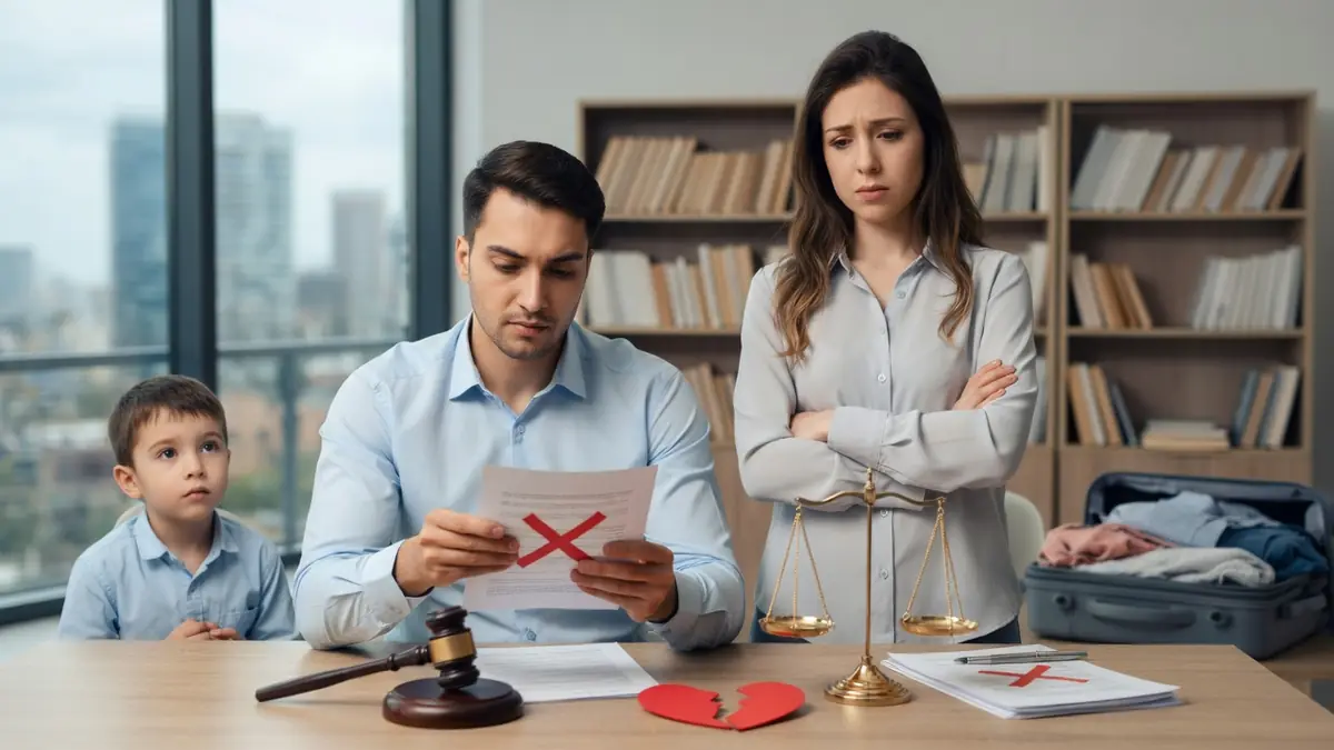 Un couple et son enfant face à des documents juridiques illustrant un divorce erreur à ne pas faire