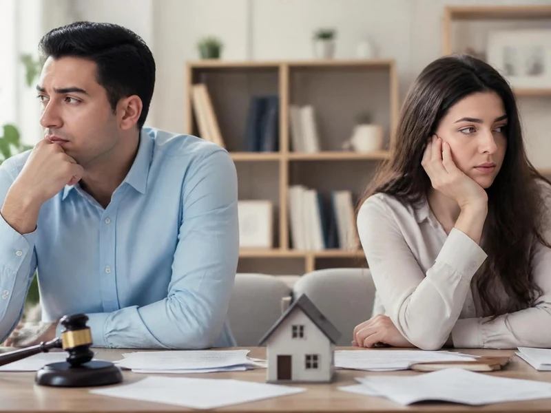 Couple assis à une table avec une maquette de maison et un marteau de juge illustrant un divorce erreur à ne pas faire