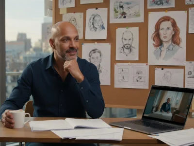 Djibril Glissant réfléchit la main au menton dans son bureau face à un appel vidéo et des croquis muraux