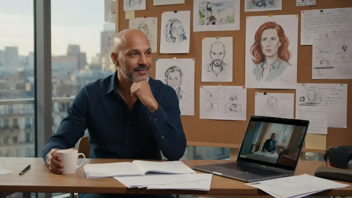 Djibril Glissant réfléchit la main au menton dans son bureau face à un appel vidéo et des croquis muraux
